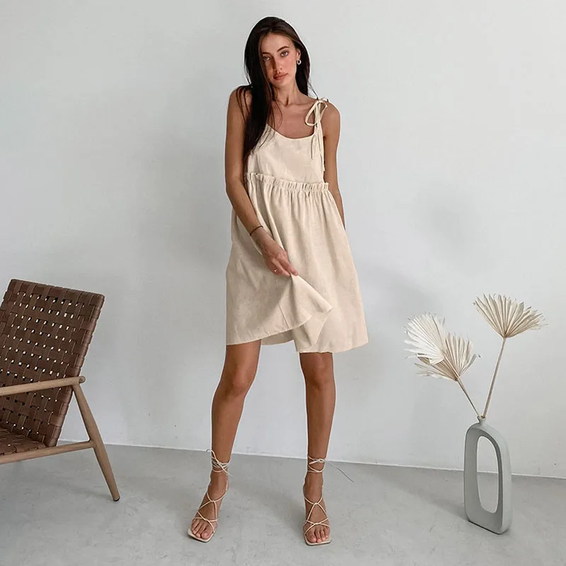 Damskie sukienki mini na ramiączkach spaghetti, sznurowane, w jednolitym kolorze, bez rękawów, luźne, w kształcie litery A, letnie sukienki damskie w stylu boho na wakacje i plażę.