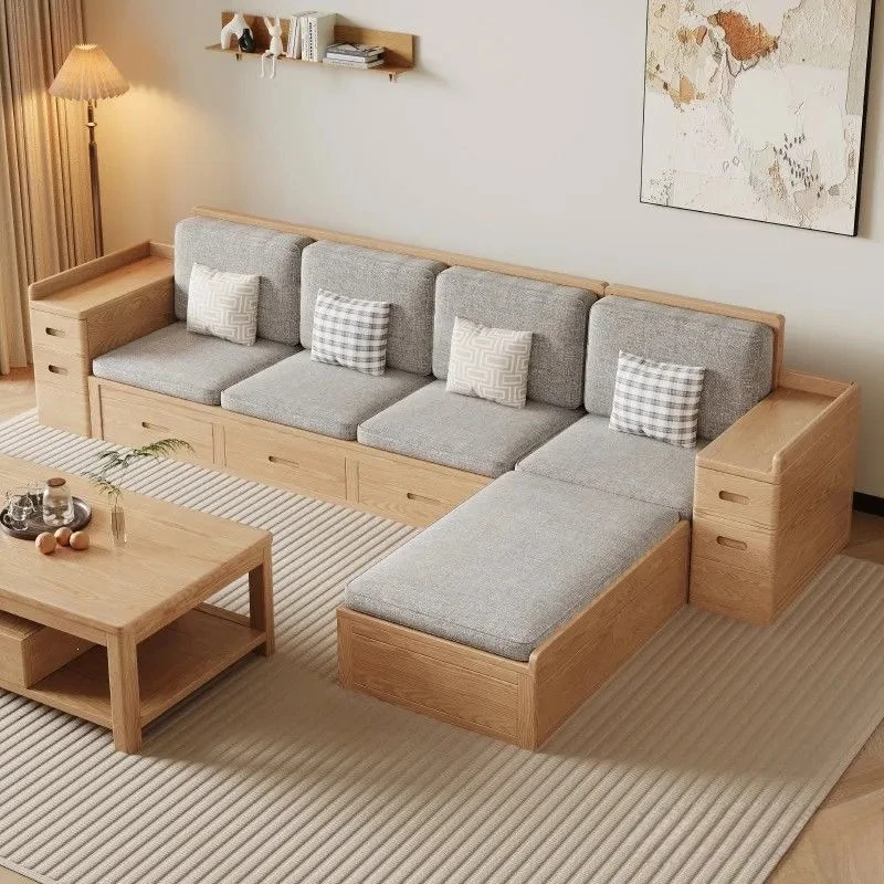 Ash Wood Sofa Set Modern Log Color Living Room Furniture Small Apartment Storage Couch Dual Purpose Home Decor Large