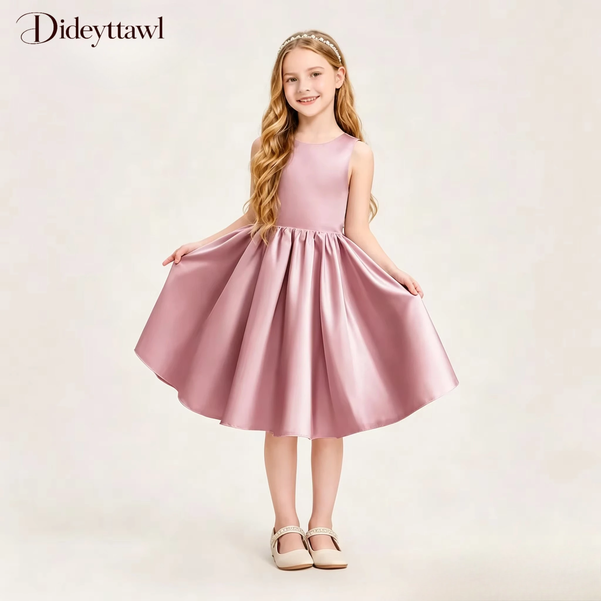 Dideyttawl Sleeveless Satin Flower Girl Dress Hollow Back Big Bow Knee Length Gown Multi Color Kids Wedding Bridesmaid Pageant