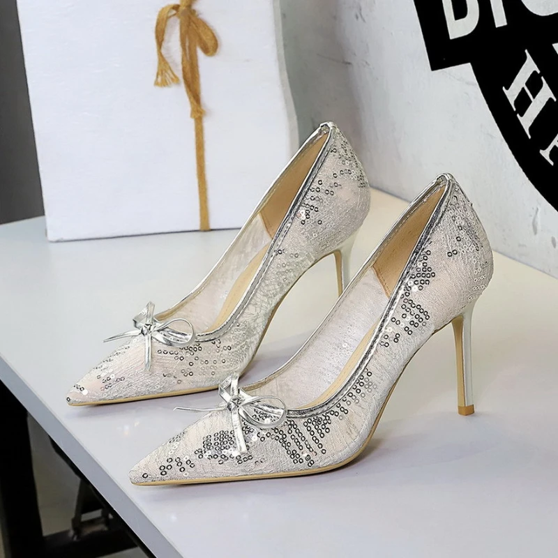 

Lace Sequin Pointed Slip-On Pumps 3D Bow Ultra High Stiletto Luxury Wedding Evening Banquet Formal Dress Heels