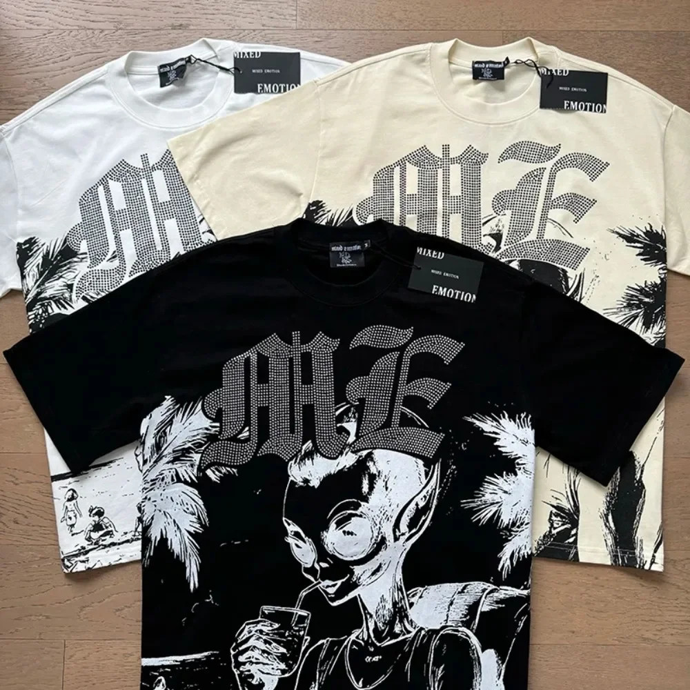 

2025 Men Couple style T-shirt Fashion American High Street Alien Vacation Beach Print Hot Drill Short Sleeve Tops MIXED EMOTION