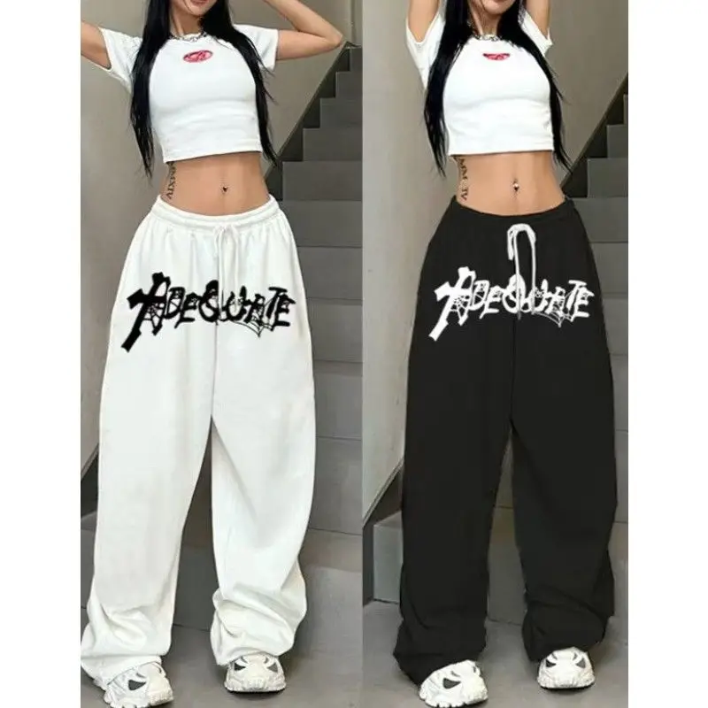 Letter Print Hip-hio Trendy Pants for Women Europeans American Style Sweatpants Spring Drawstring Design Winter Casual Trousers