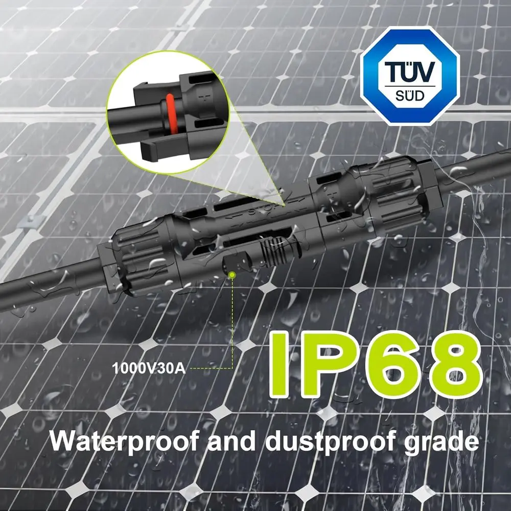50Ft 10AWG Solar Cable Extension with Protection Cover, Solar Wire with Tool-Free Solar Connectors, IP68 Waterproof PV Cable, So