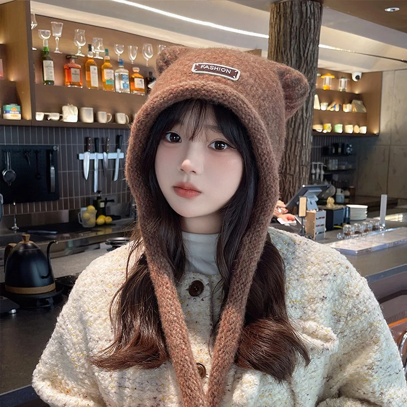 Autumn And Winter Woolen Cute Bear Ear Hat For Women Outdoor Warm Cold-Proof Sweet Knitted Hat