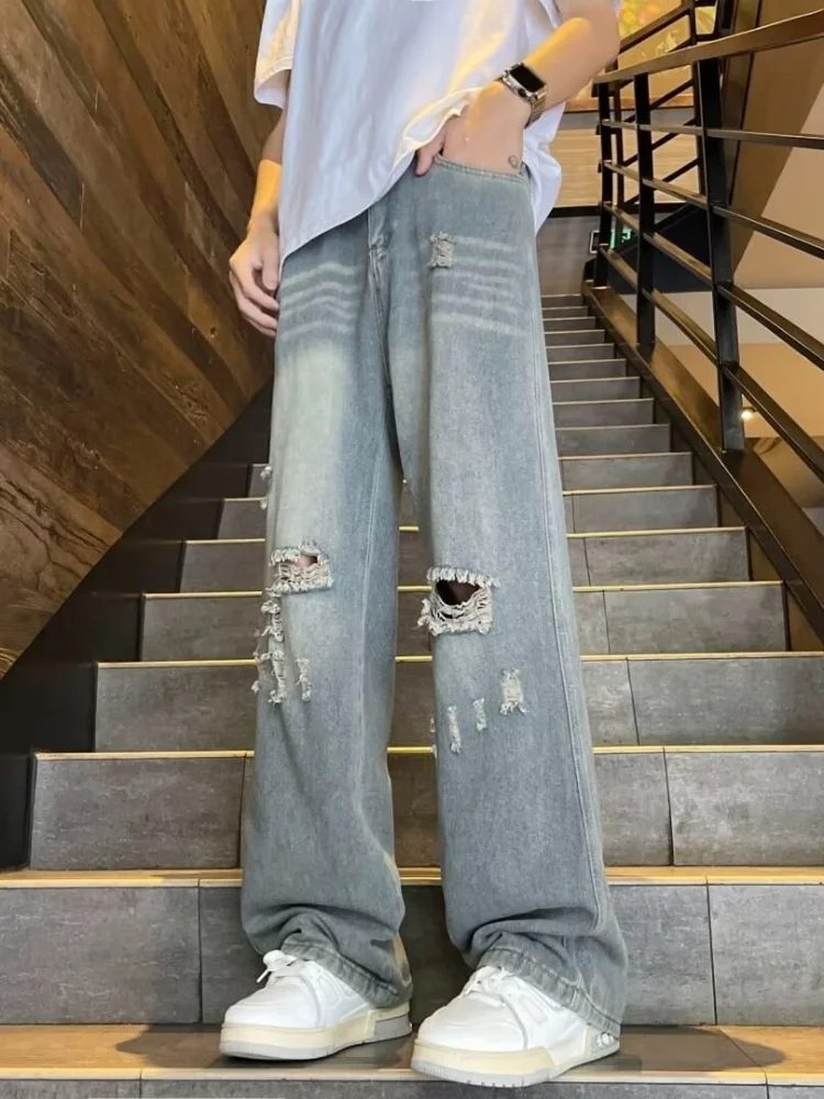 

Men's Summer 2024 Trendy Jeans High Street Straight Leg Long Pants Draping Floor-Length Casual Trousers Wear Resistant Cotton...