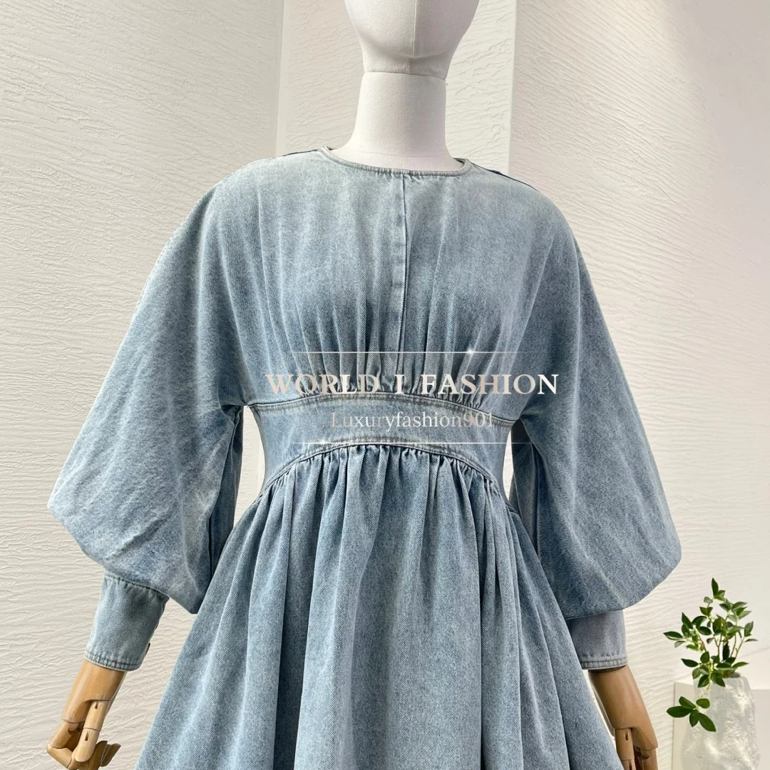 

2025 New Fashion Blue Denim Jeans Pleat Long Sleeve Midi Dress