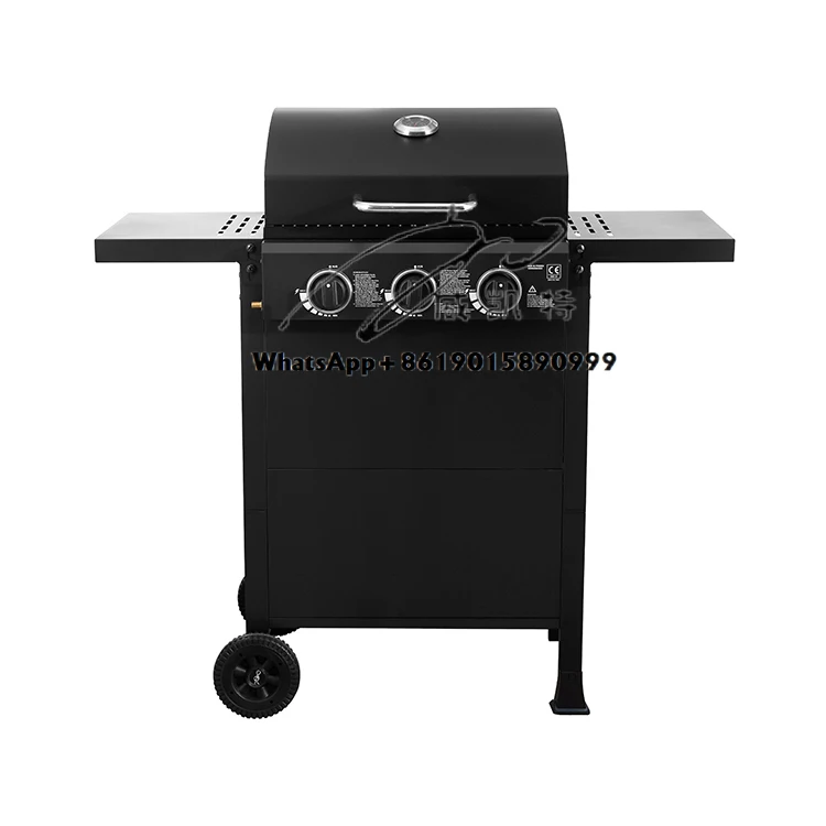 Outdoor Kitchen Trolley Moveable Barbecue 3 Burner Gas Bbq Picnic Grill Cooking Natural Black Cooking Equipment Tool Trolley