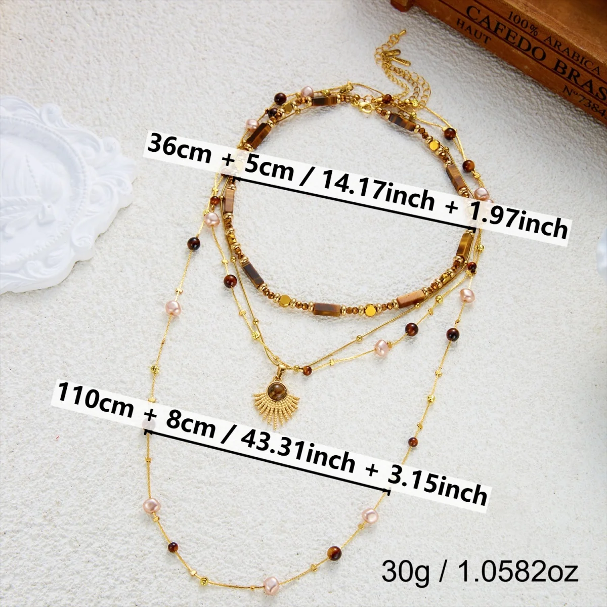 Vintage Maillard Halskette mit natürlichen Tigeraugen-Perlen, Sonnen- und ovalen Anhängern, für Damen und Herren, im ethnischen Stil, mit Blumen- und Kristallmotiven, lange Choker-Kette. – Detail 35