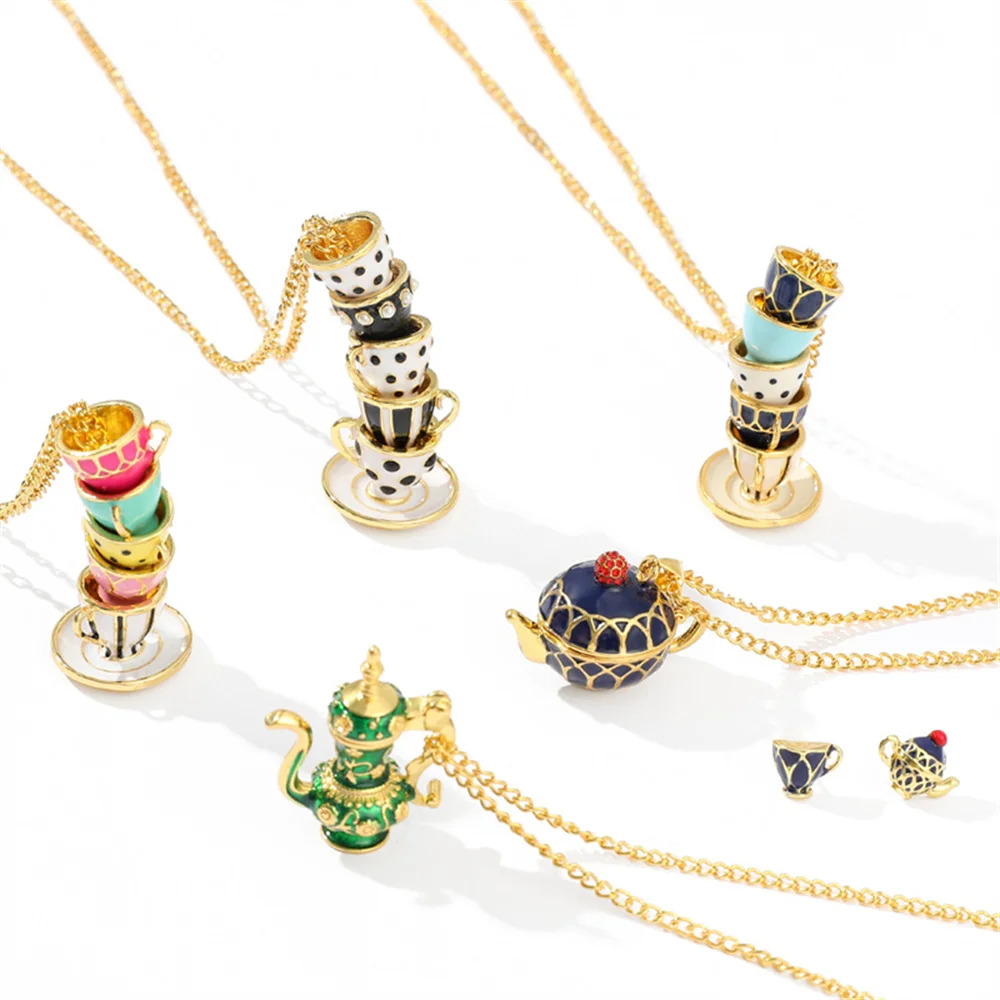 Tea Cup Charming Sweater Pendant Necklace for Women Plated Gold Choker Chain Necklace Simple Gothic Choker Accessories