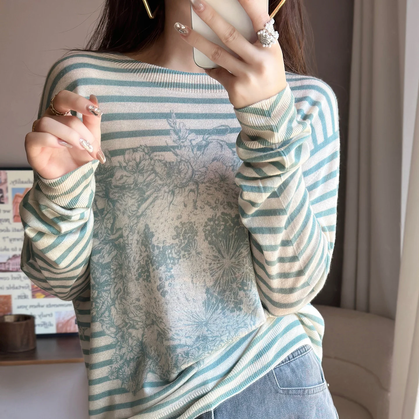 Suéter de lana Soluble en agua para mujer, Top informal de manga larga con cuello redondo y diseño de estampado de Joker, primavera y verano