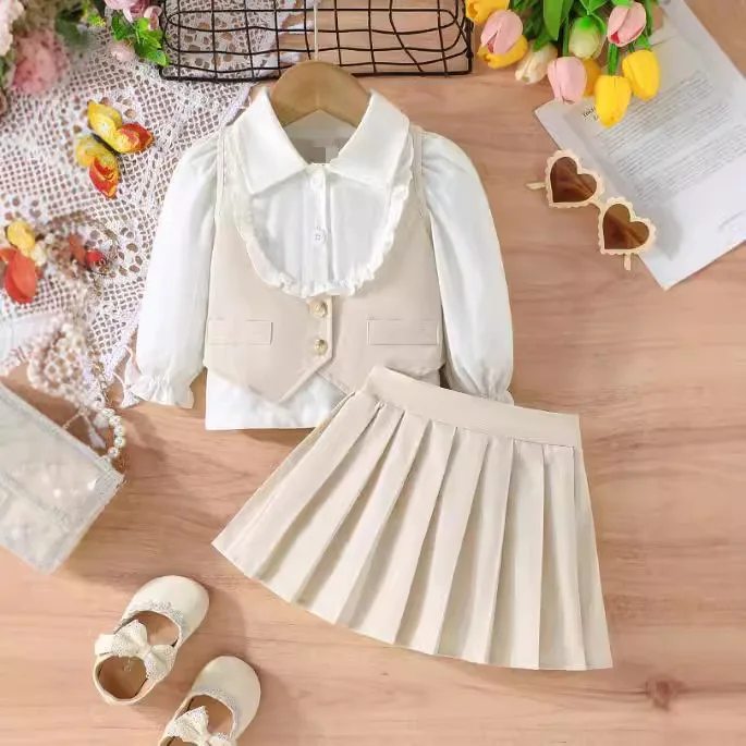 2025 Europe  United States girls stand collar bubble long-sleeved top + England pleated skirt + Slim waistcoat three-piece suit