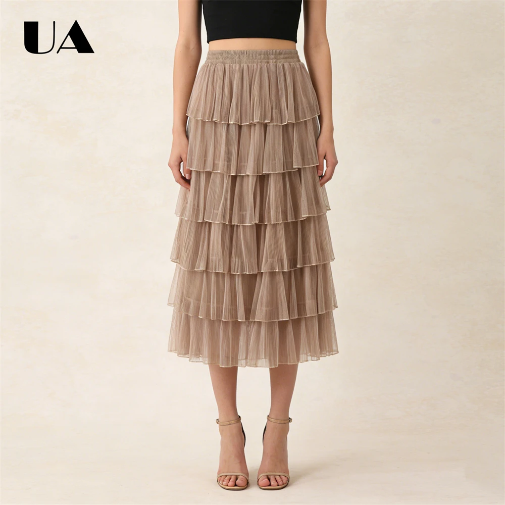 ULBYANRY Tiered Mesh 92cm Long Skirt for Women Spring Autumn Skirts, Fairy Elastic Waist Skirt Many Colors Avaliable