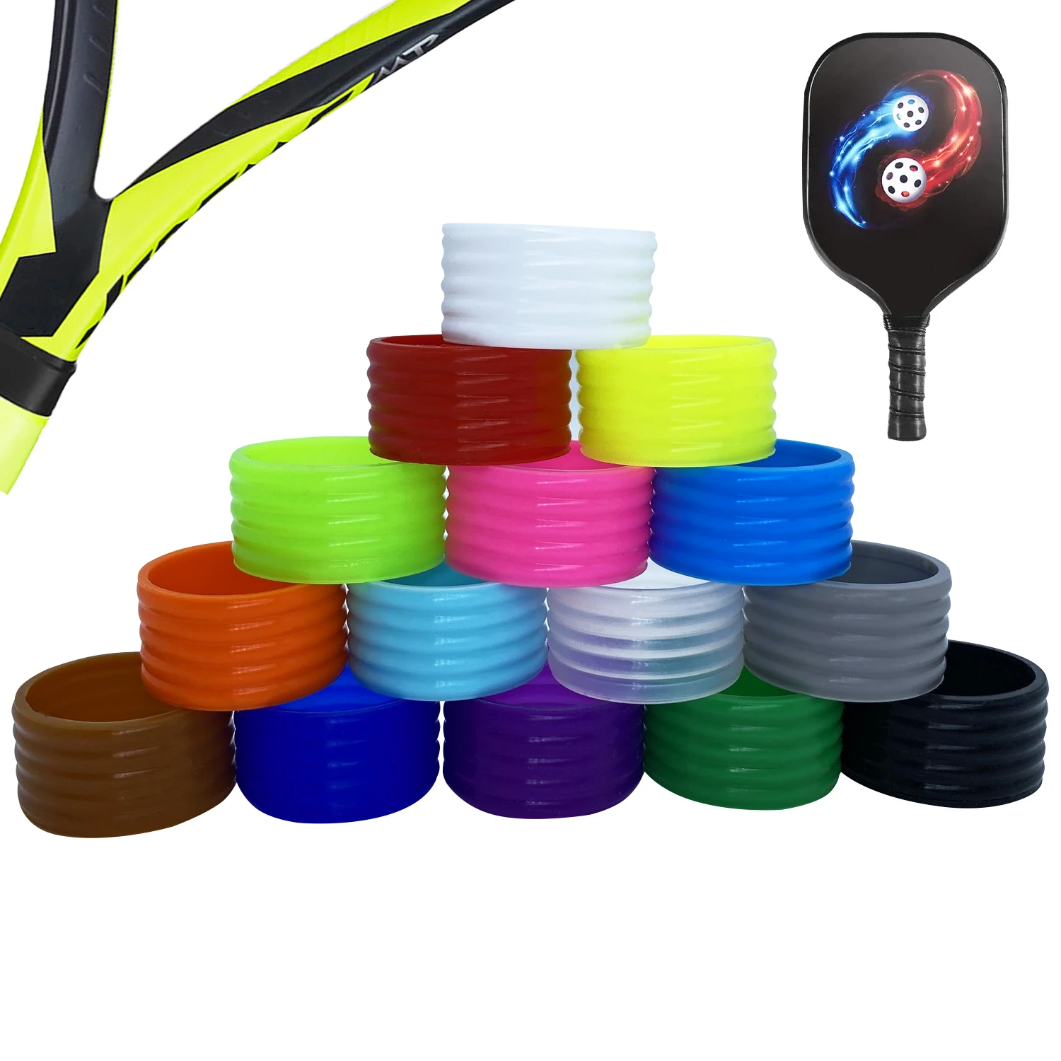 

100PCS Silicone Clear Tennis Racket Overgrip ring,candy color racket handle sealing rubber Elastic Protector Overgrip Fix