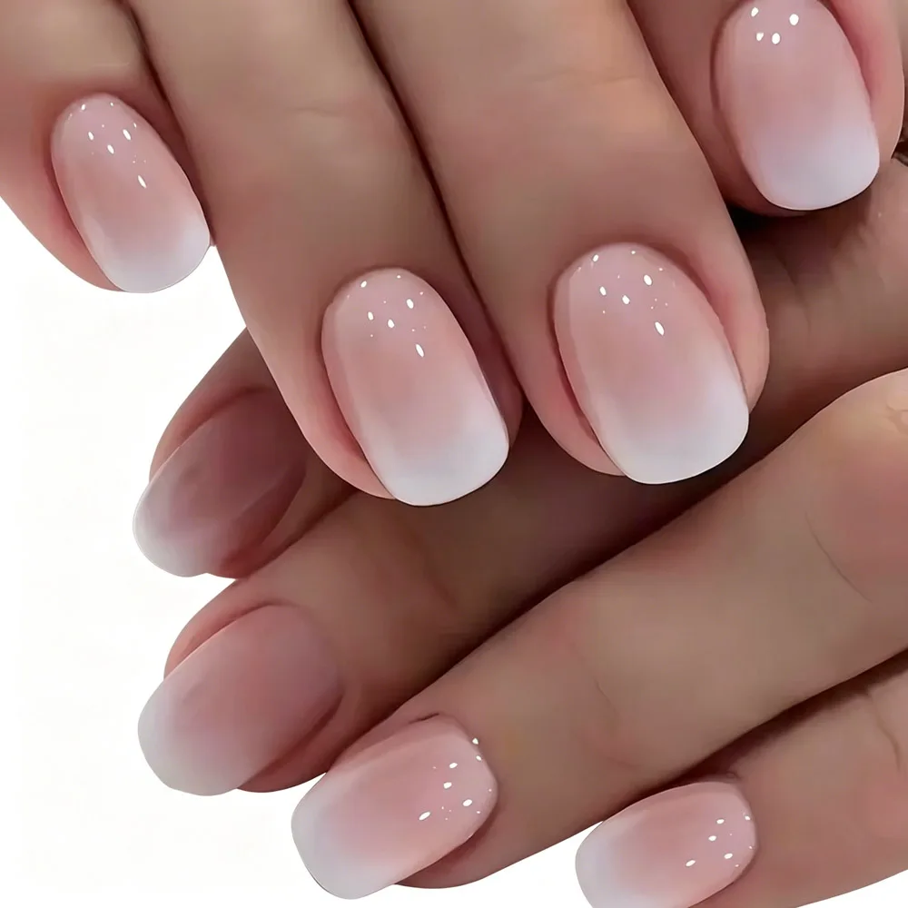 24pcs Flesh Color Press on Nail Gradient Powder Square Short Imitation Plate Fake Nails for Girl Women Gift Cute File Strip