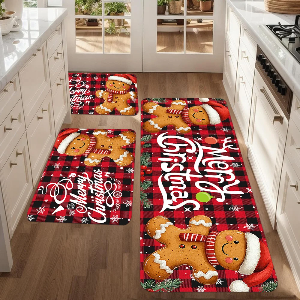 1/2/3pcs Gingerbread Man Christmas Kitchen Mat Cute Candy Cane Pattern Home Floor Decoration Corridor Hallway Long Carpet
