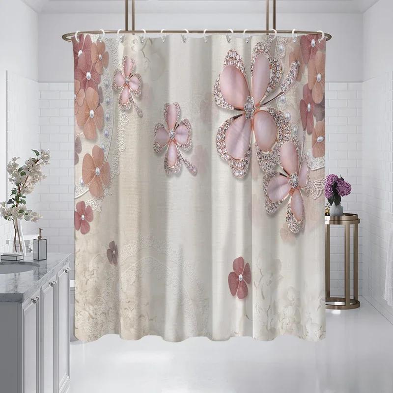 

1 шт. занавеска с принтом розовых жемчужных цветов, трехмерный дизайн, водонепроницаемая, с 12 крючками, душ для ванной комнаты, дом uXT6@!