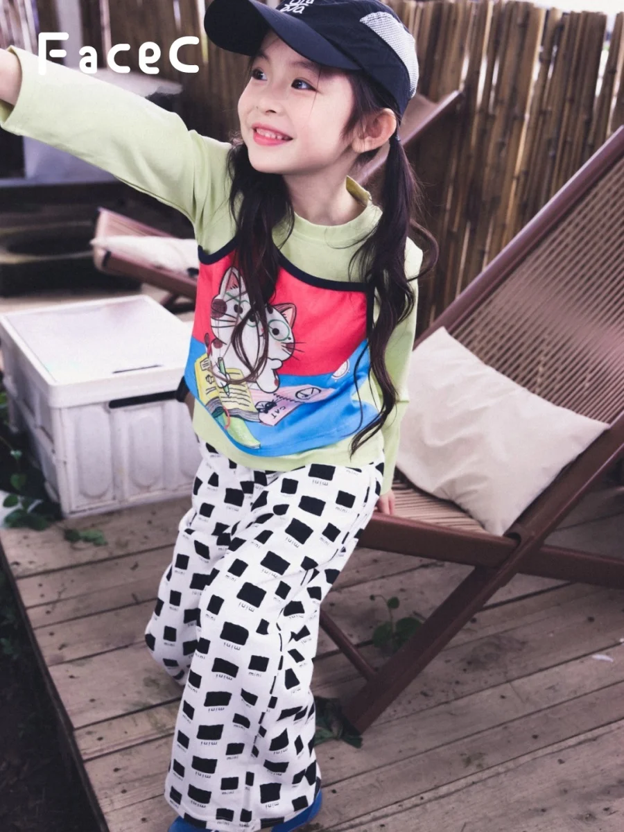 Outdoor Camping Fun Long Sleeve T-Shirt for Girls Kids Clothing Spring Autumn New Style FaceC Brand Cotton Polyester Blend