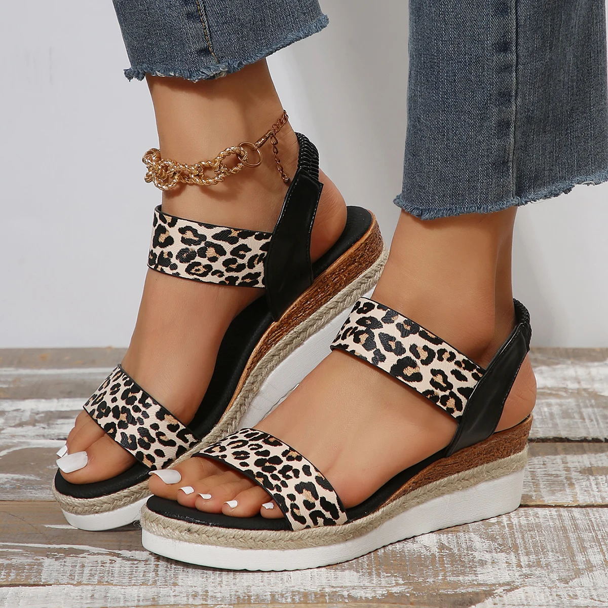 Women\'s Leopard Print Wedge Heel Sandals Summer Light Non Slip Gladiator Shoes Woman Plus Size Fashion Platform Sandalias Mujer