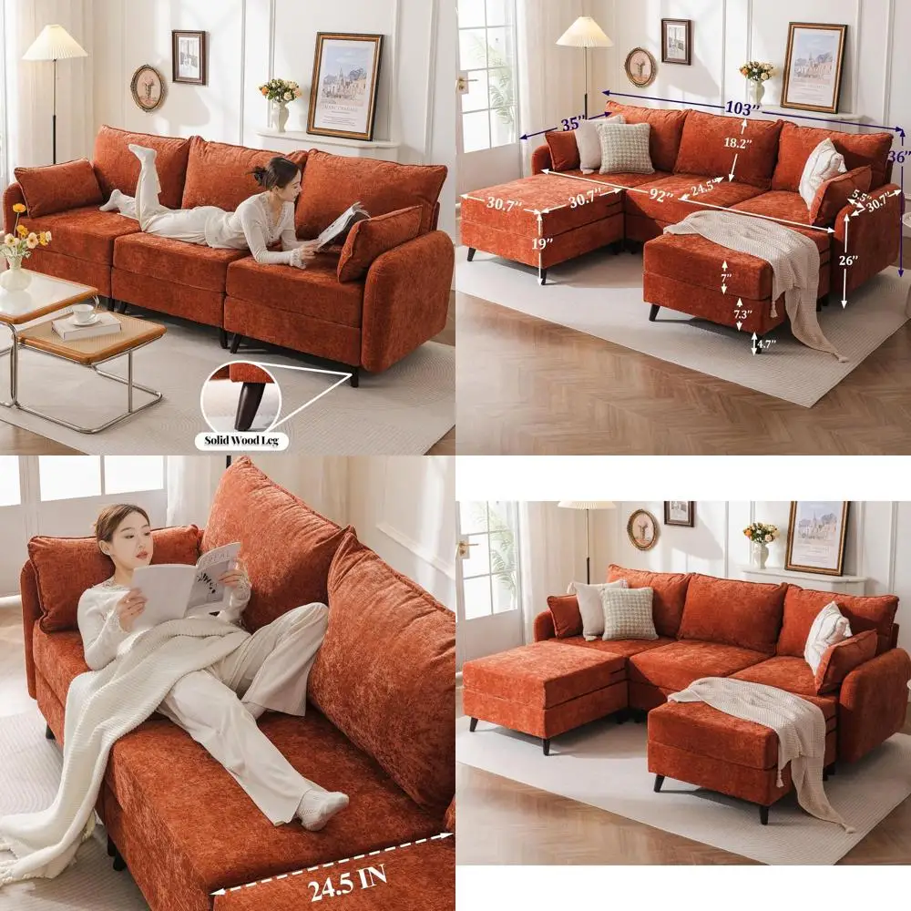 

Большой секционный диван с местом для хранения, комфортабельный 3-местный диван-облако, с оттоманкой, для гостиной, спальни, велюровый, оранжевый