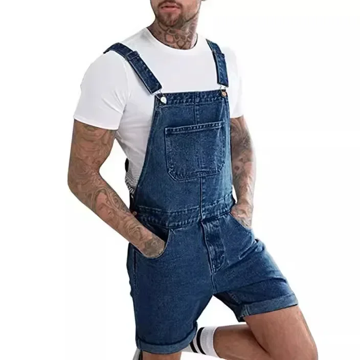 Men Jeans Overalls Mid Waist Rompers One Piece Jumpsuits Safari Style Knee Length Denim Casual Solid Washing Pockets 2025