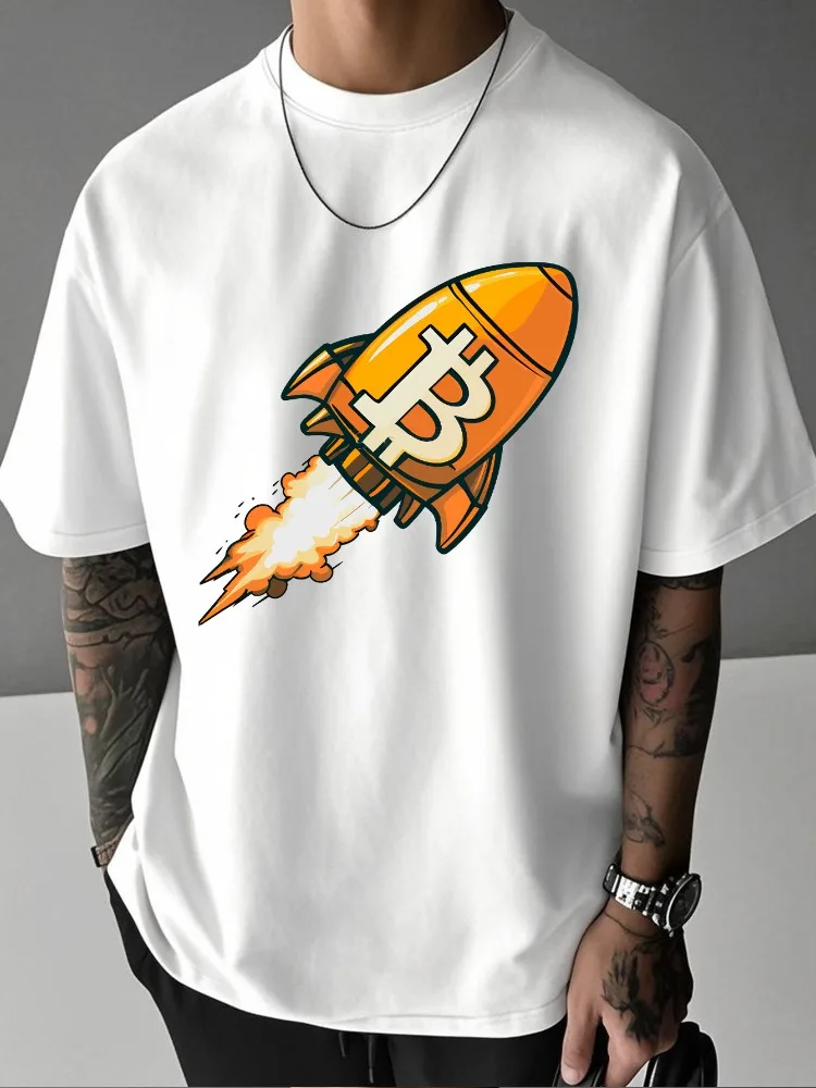 Men Summer Casual Short Sleeve T Shirt Bitcoin Rocket Graphic Print Oversized Loose Tees Streetwear Daily Fashion Tops