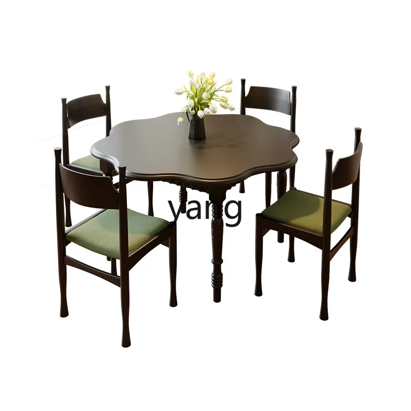 XYY retro full solid wood round dining table modern simple black petal round table home