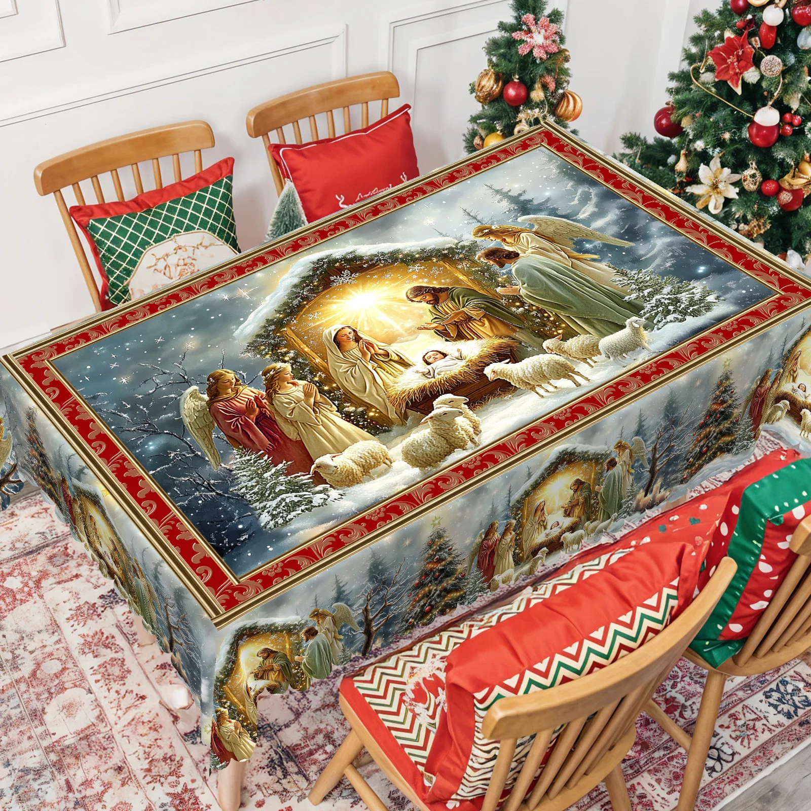 1 Piece, Merry Christmas Themed Tablecloth + 4 Self-Adhesive Stickers, Christmas Atmosphere, Nativity Scene Print, Mianyang Christmas Tree Snowflake Pattern, Embossed Edges, Suitable for Home Kitchen, Living Room Dining Table Balcony Coffee Table, Holiday Party Holiday Table Decoration Tablecloth Table Cover, Perfect Holiday Gift, Spring, Summer, Autumn and Winter Tablecloth Decoration, Christmas Decoration-Bs037