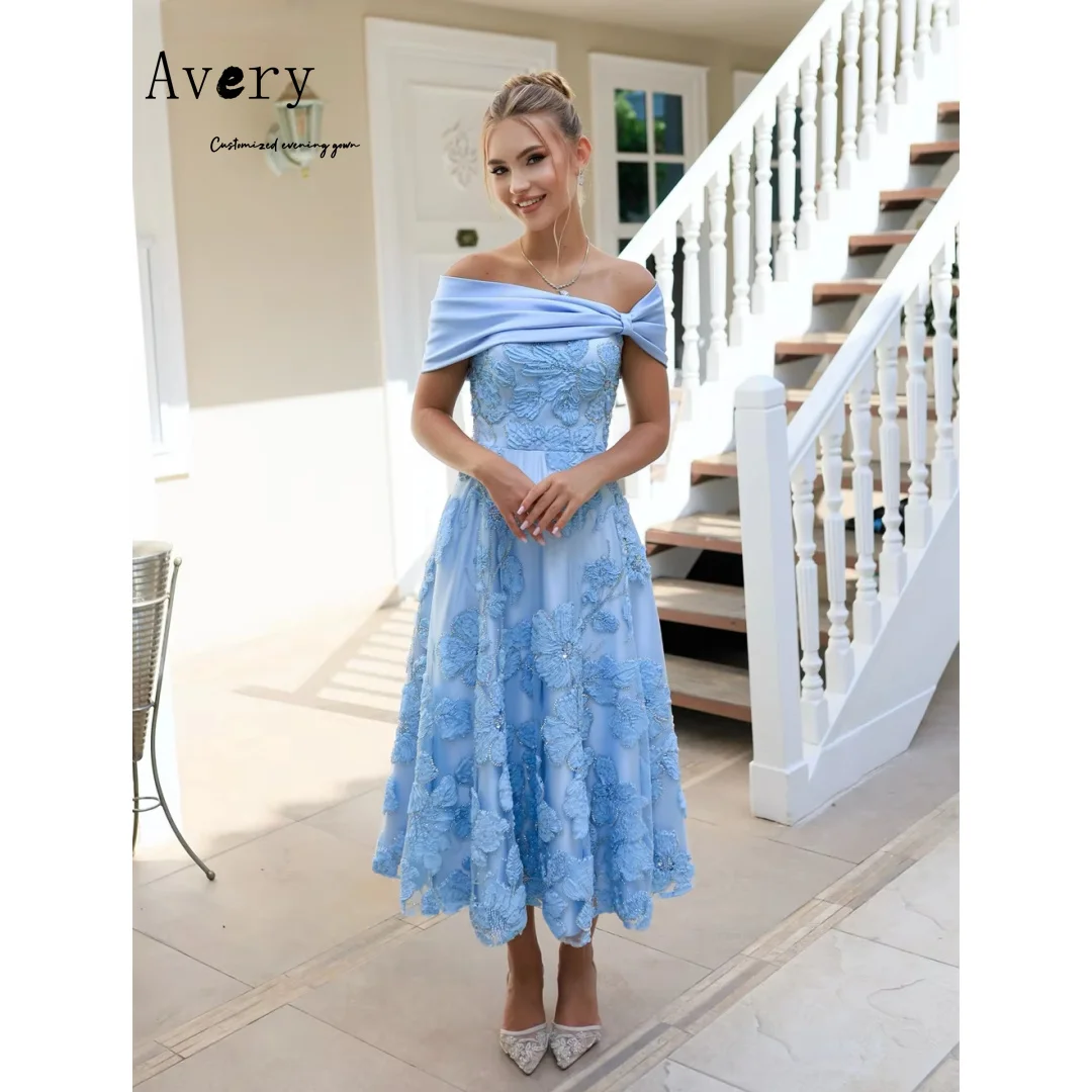 Avery مخصص الأزرق زهرة خارج الكتف ألف خط المرأة الكرة فساتين السهرة 2025 امرأة فستان سهرة فاخر فساتين نسائية أنيقة