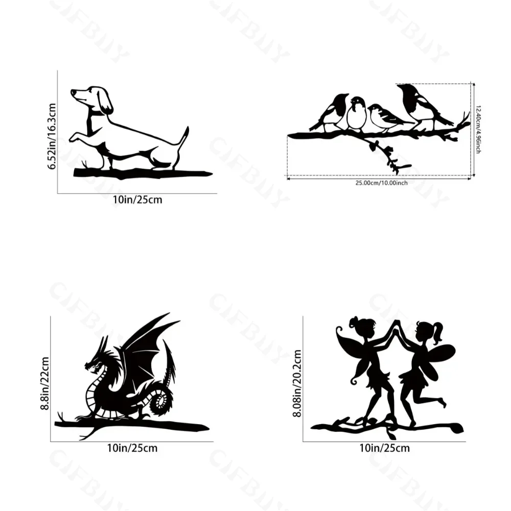 الطيور المعدنية/الكلاب/التنين/الجنوف على فرع، صورة ظلية فولاذية معدنية شجرة الطيور الفن حديقة الفناء الخلفي ديكور خارجي
