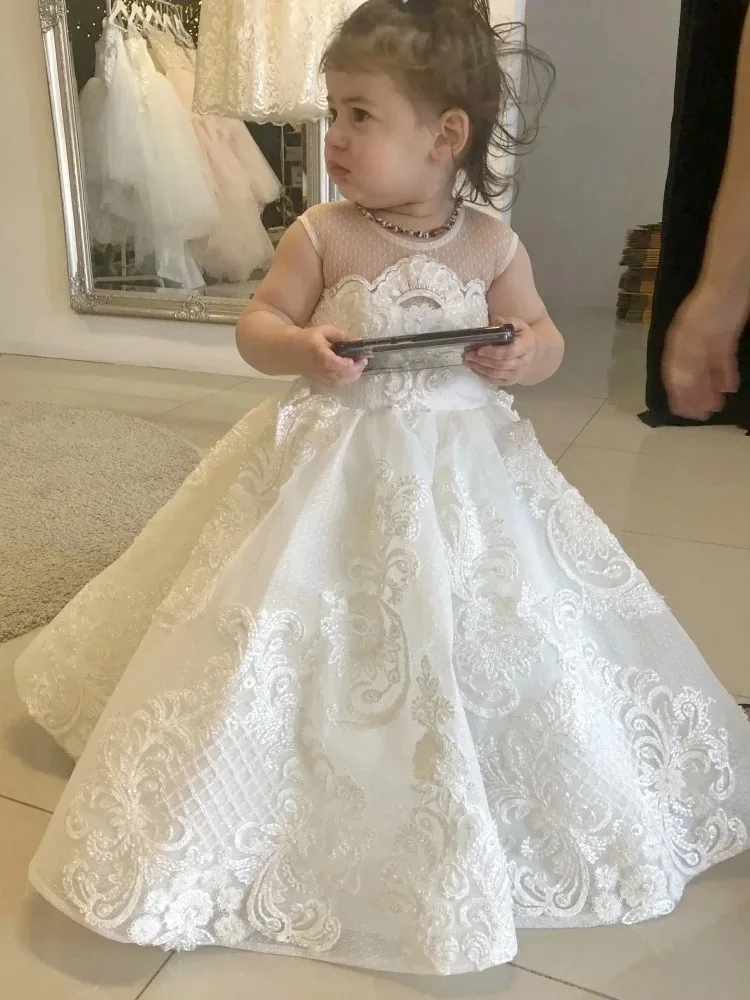 Customized White Flower Girl Dresses for Wedding Lace Appliques Princess First Communion Kids Birthday Party Ball Gowns