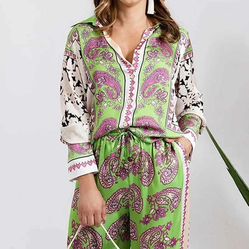 Two Piece Sets Women Pants Set Print Floral Casual Turn Down Collar Full Sleeve Tops Wide Leg Long Pants Lace Up Elastic Waist