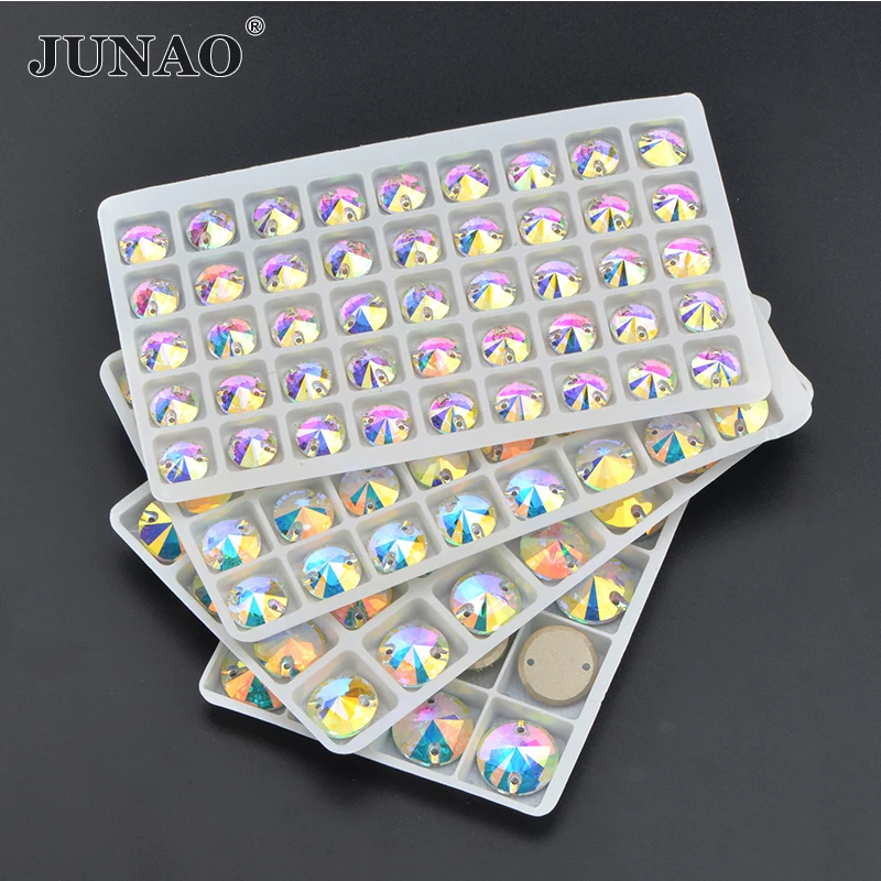 JUNAO 8 10 12 14 16 18 mm Crystal AB Top Quality Sewing K9 Round Rivoli Rhinestones Bulk Flatback Glass Button For DIY Clothing