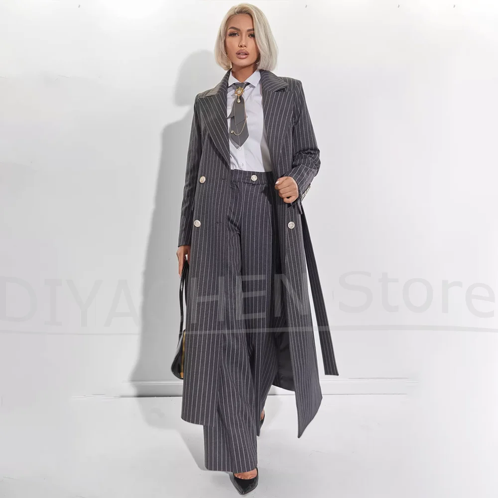 

Grey Striped Women Long Coat Suit 2 Piece Set Double Breasted Belted Wide Leg Pants Formal Office Business Casual Lady Suits