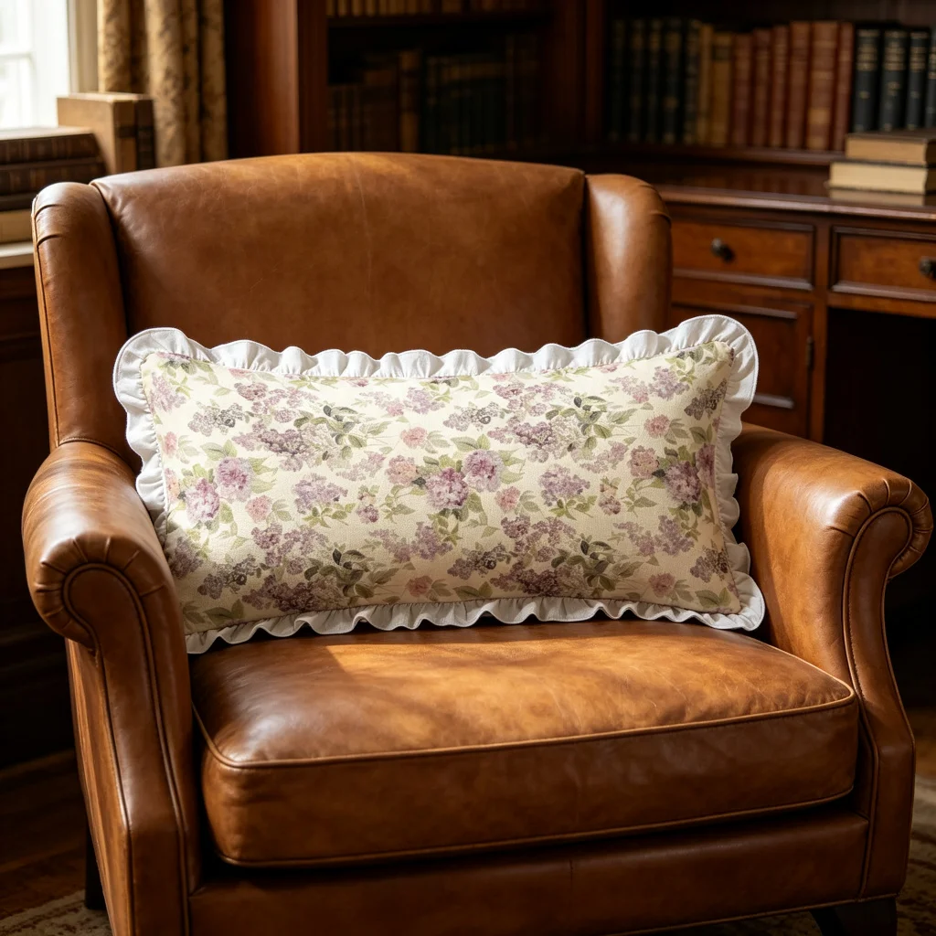 Beige Purple Hydrangea Print Long Lumbar Pillow Cover, Antique Floral, Bedroom Living Room Sofa Bed Decor, Polyester, Home Decor