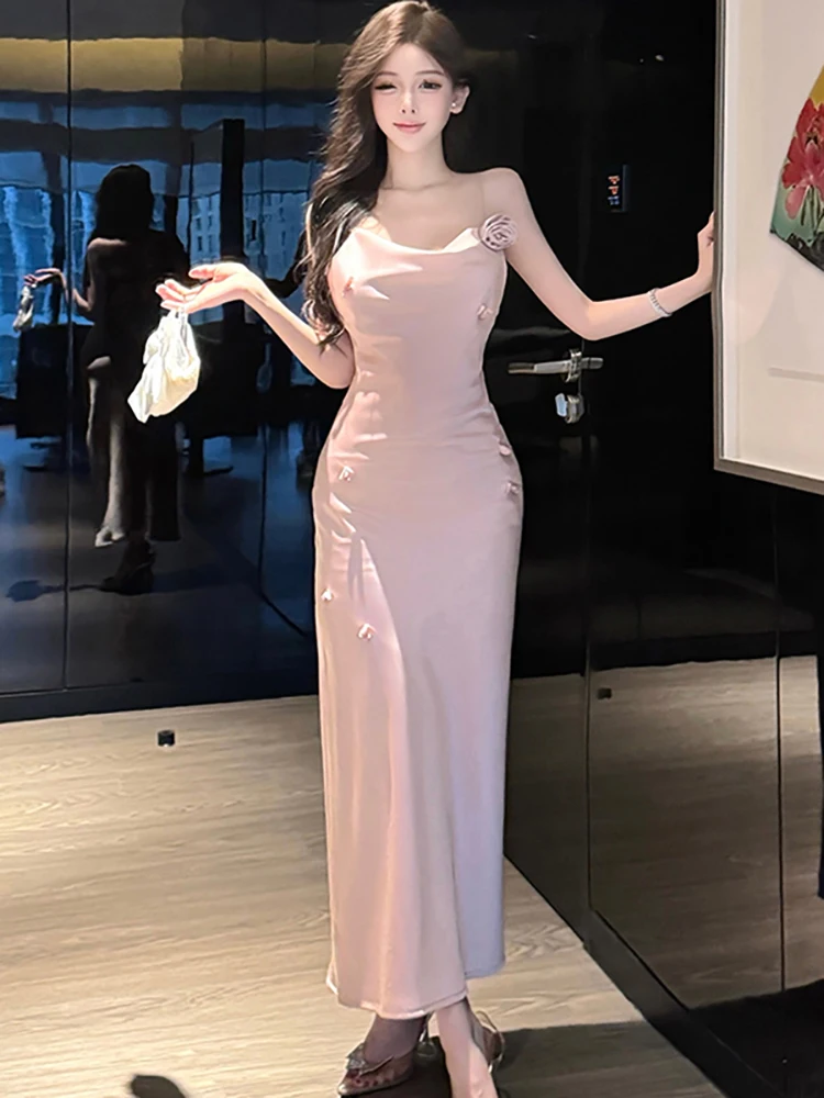 

Summer Pink Acetate Satin Chic Sling Sexy Long Dress Women Pleated Bodycon Ruffled Dress 2025 Korean Vintage Luxury Party Dress