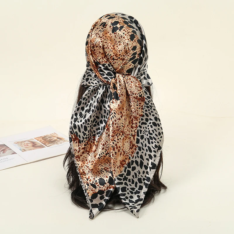 

Luxury Bandana Silk Square 90cm Leopard Print Scarf Women Satin Shawl Wrap Hijab Female Scarves Hair Band Wrist Headkerchief