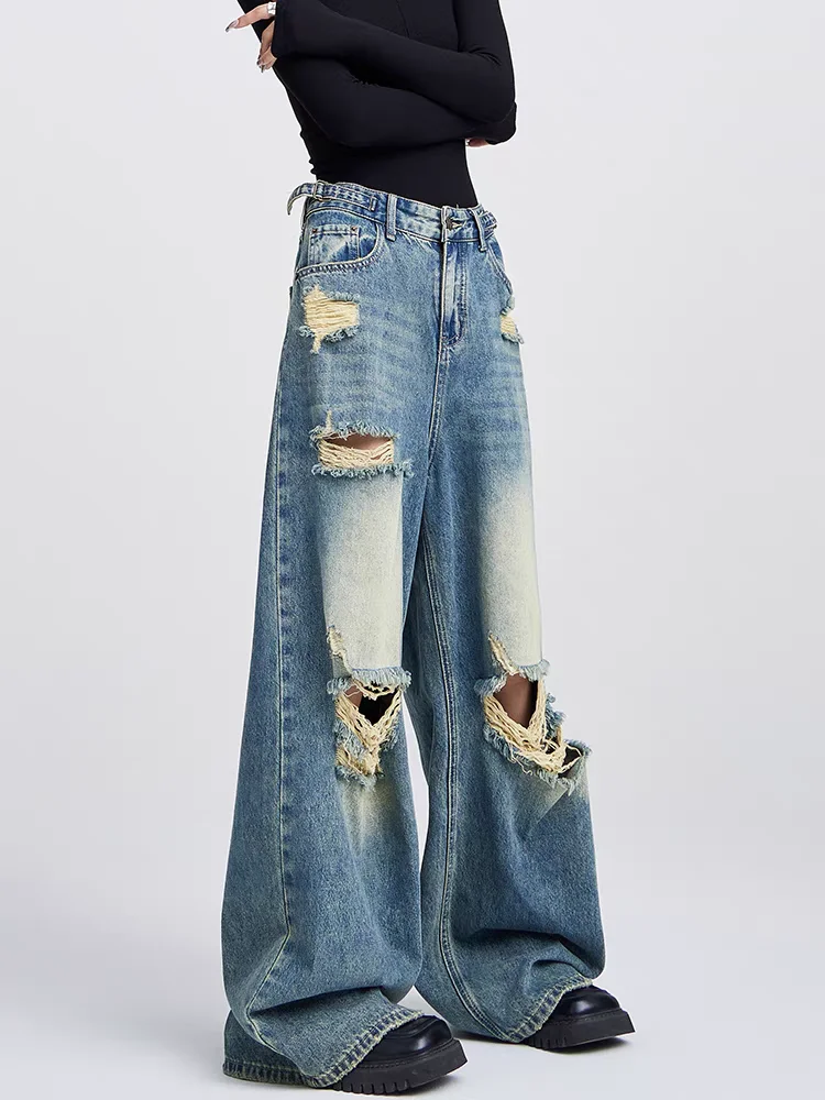 

Women's Blue Ripped Jeans Harajuku Y2k Japanese 2000s Style 90s Aesthetic Baggy Denim Trousers Jean Pants Vintage Trashy Clothes