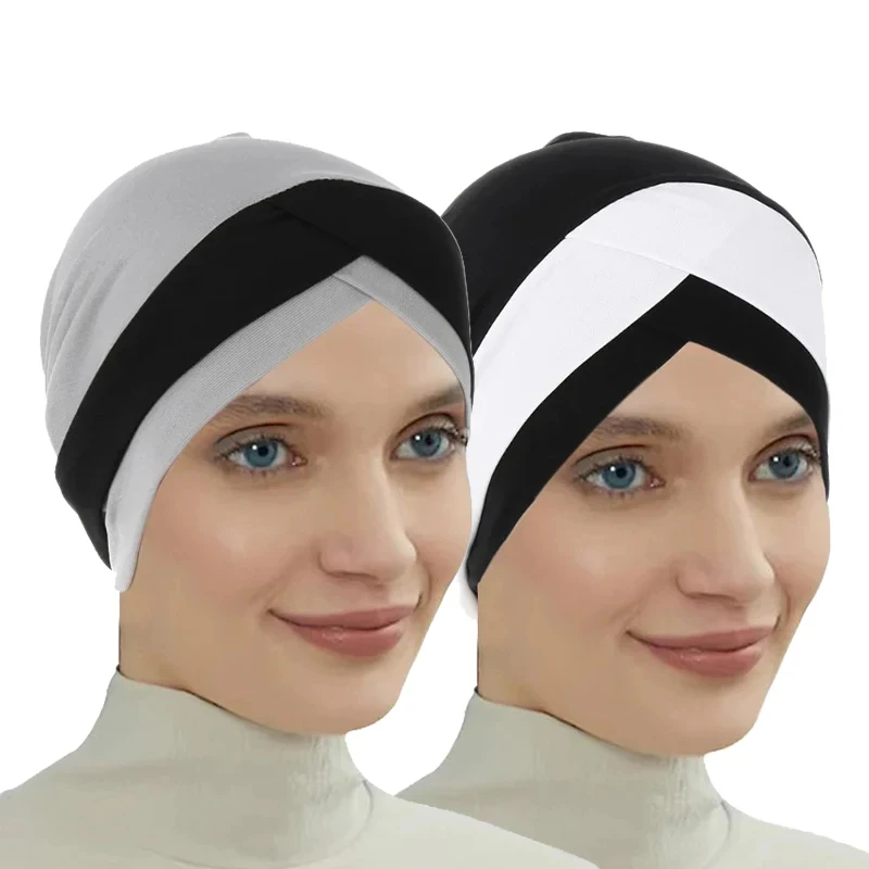 2024 New Forehead Cross Hijab Cap for Solid Color Soft Elastic Muslim Head Wrap Women Turban Bandana Bonnet Headscarf