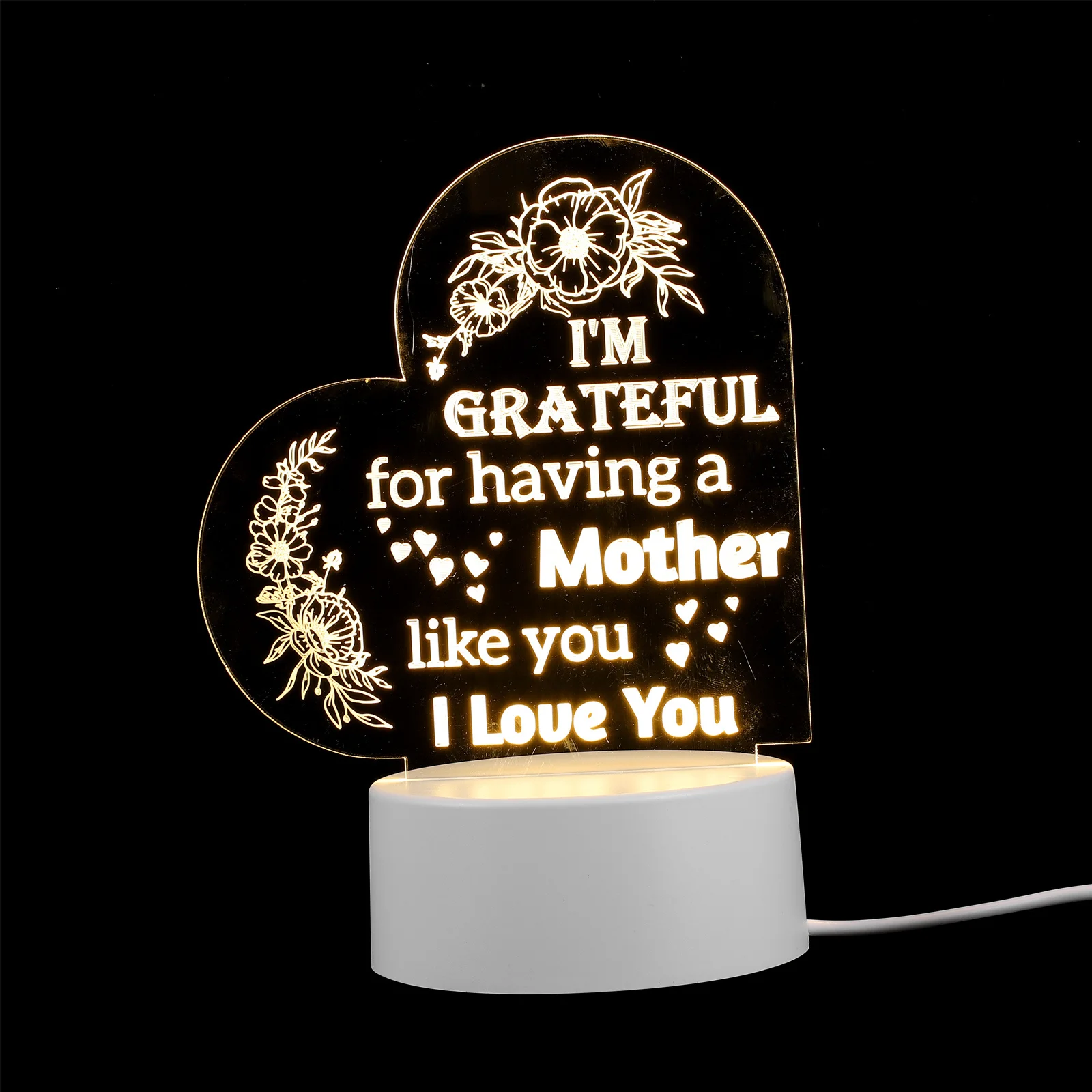 

Led Night Light Acrylic Heart Shaped English Blessing Usb Powered Bedside Lamp For Mom Mother'S Day Gift Decorative