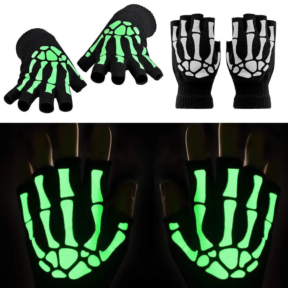 New Adult Cosplay Halloween Skeleton Skull Half Finger Punk Gloves Glow in the Dark Fingerless Stretch Knitted Winter Mittens