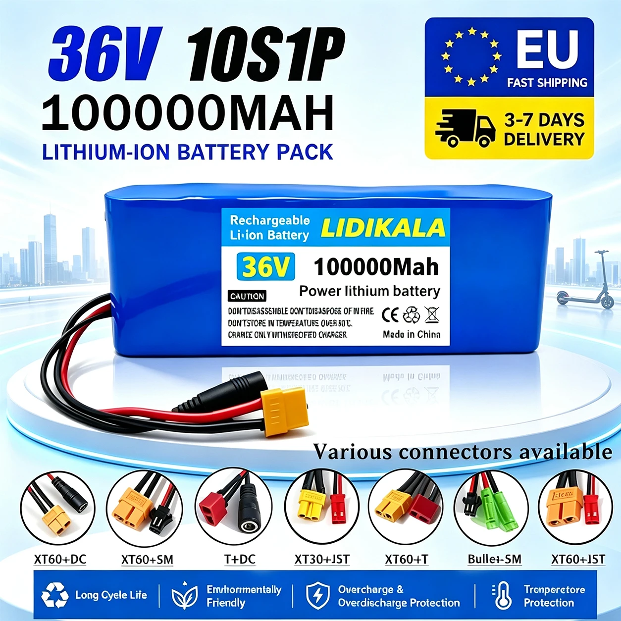 Pacco batteria al litio ricaricabile da 36 V, configurazione 10S1P, elevata capacità di 100.000 mAh, dotato di scheda di protezione BMS, per scooter, biciclette e progetti fai-da-te, caricabatterie da