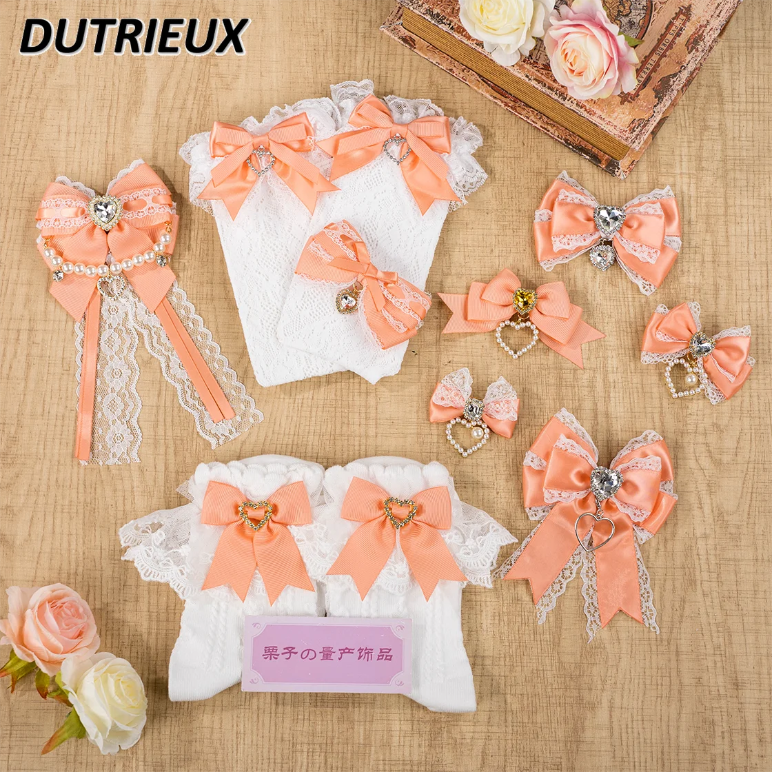 Orange Japanese Style Handmade Bow Lace Hairpin Accessories Lolita Sweet Cute Girl Jewelry Headdress Hair Clips and Socks