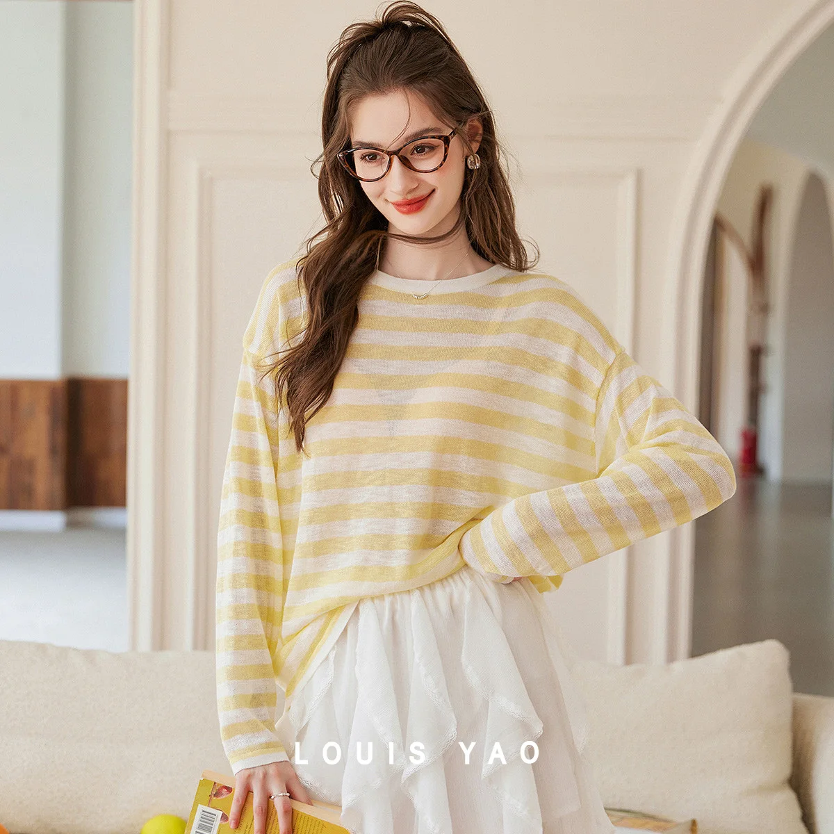 

LOUIS YAO Versatile Striped Knitwear 2026 Spring/Autumn Crew Neck Striped Splicing Hollow-Out Lace Women's Knitted Sweaters