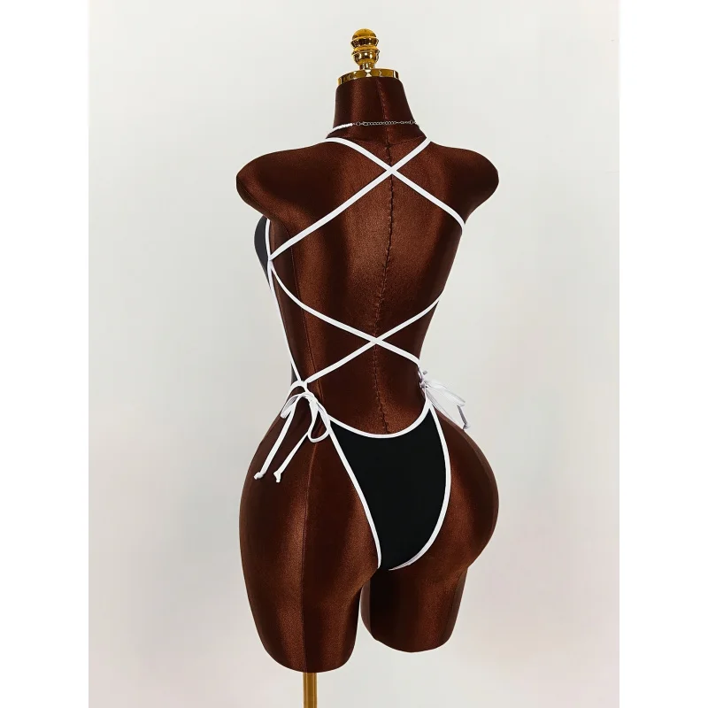 

Women'S Backless Color-Block Trim Black And White One-Piece Swimsuit, Sexy Vacation And Valentine'S Day Outfit Beach