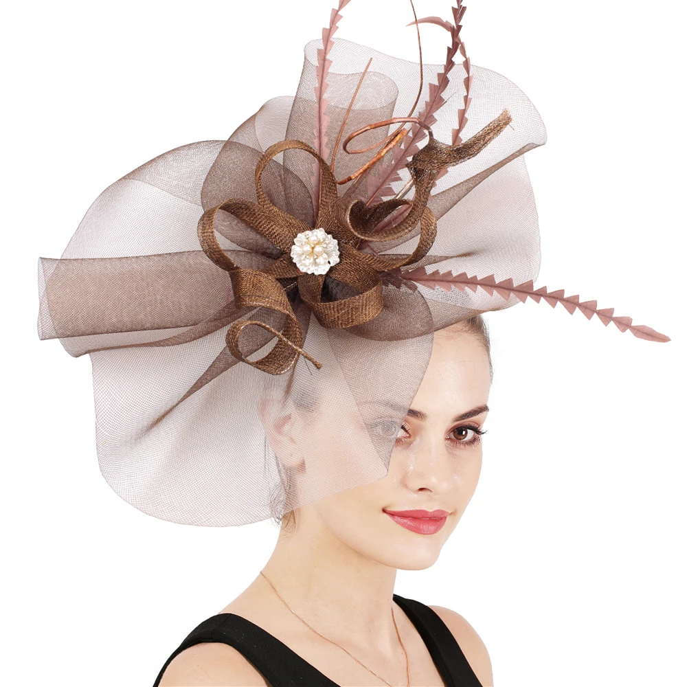 High Quality Nice Gold Kentucky Sinamay Fascinators Feather Wedding Headwear Cocktail Hats Multiple Colors New Arrival