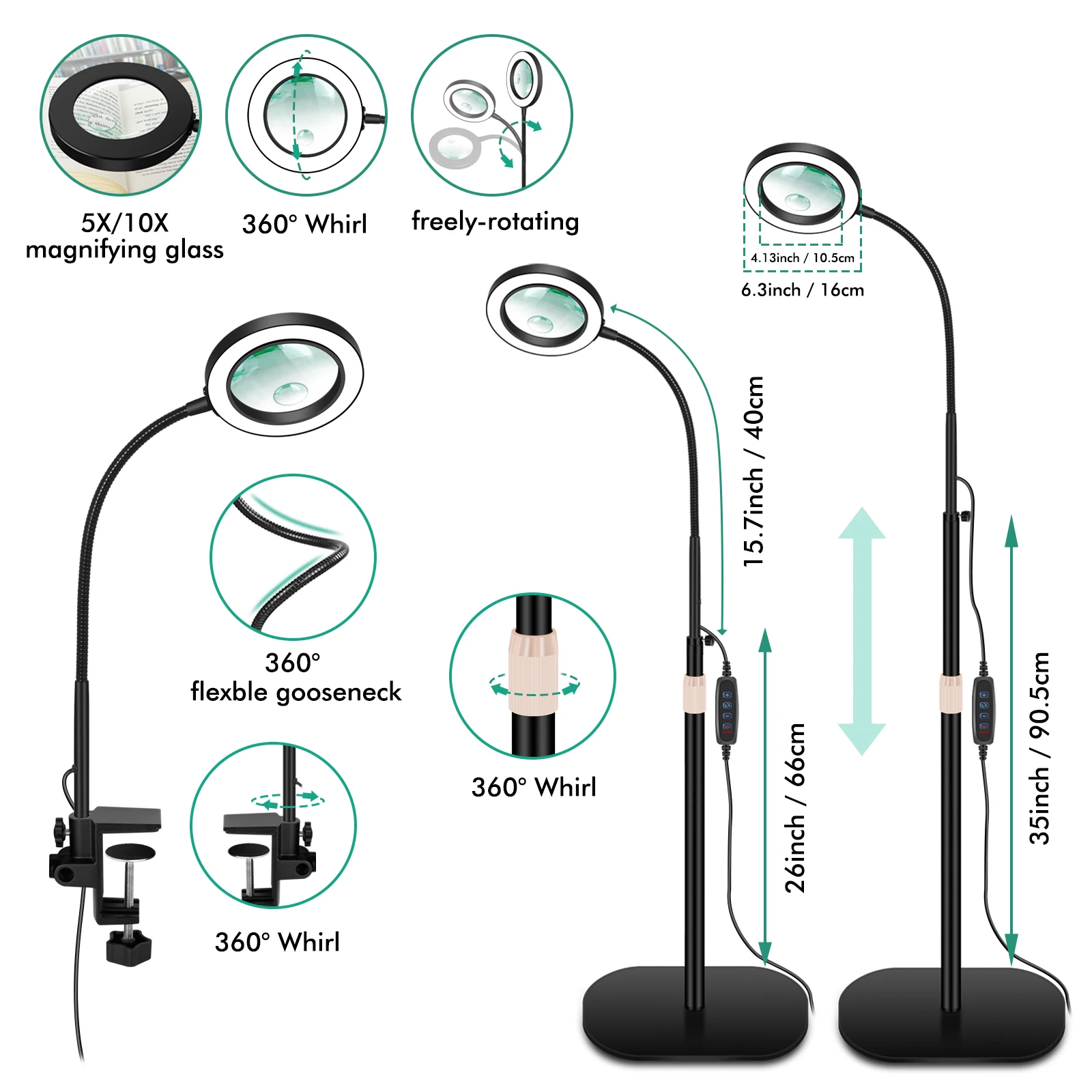 5X-10X Magnifying Glass with Light and Stand Magnifying Floor Lamp Adjustable Swing Arm Stepless Dimmable 3 Color Mode LED Light