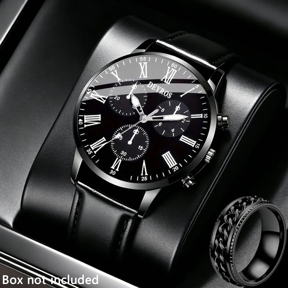 2Pcs Men Watch & Ring Set, PU Leather Strap Quartz Wristwatch Fashion Accessory Gift for Father Friend Brother