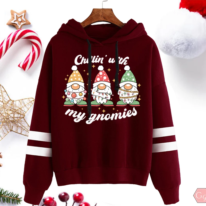 

Christmas Light Chillin'with My Gnomies Print Hoodies Pullovers Ladies Casual Loose Sport Outdoor Long Sleeve Hooded Sweatshirts