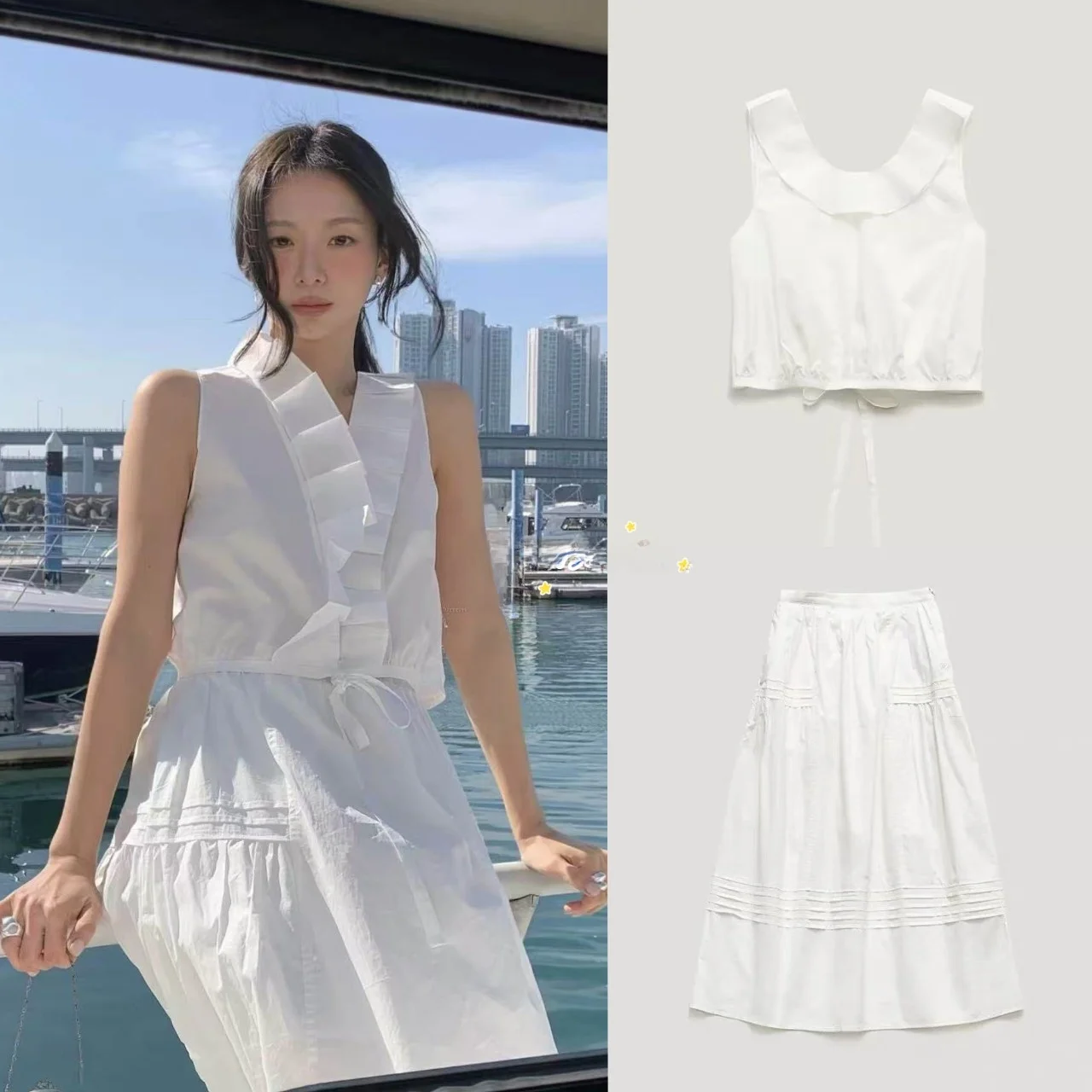 

Двусторонняя универсальная майка с глубоким V-образным вырезом без рукавов и юбка-полусолнце в повседневном стиле из чистого хлопка для молодых женщин, летняя мода