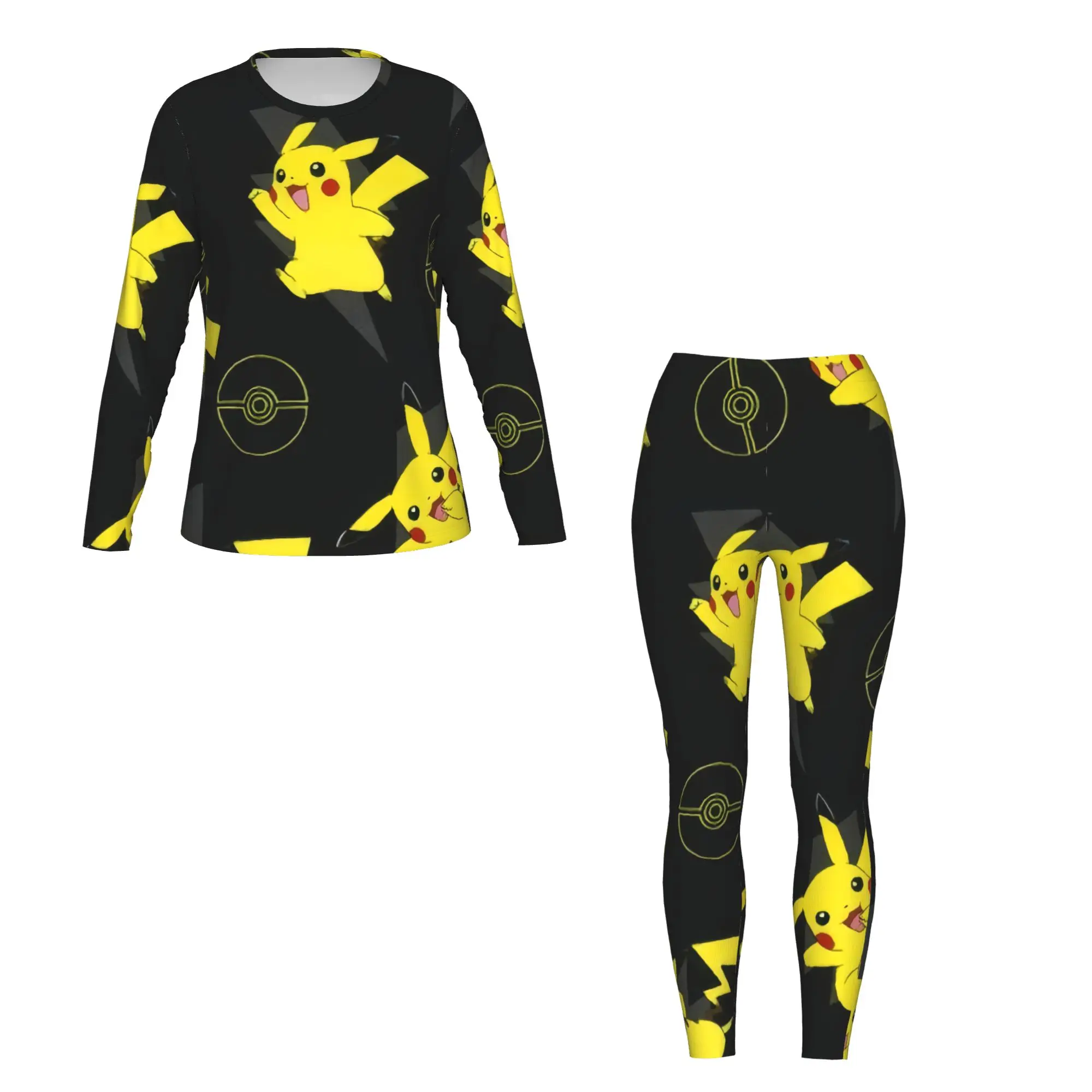 Женская футболка с длинными рукавами и леггинсами с милым принтом Пикачу, 2 шт., подходит для домашних путешествий, фитнеса и т. д.